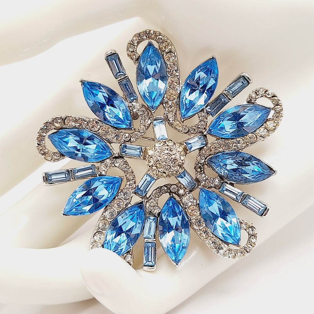 Vintage Rhodium Plated Blue Clear Rhinestone Floral Brooch – 2 1/4 Inches